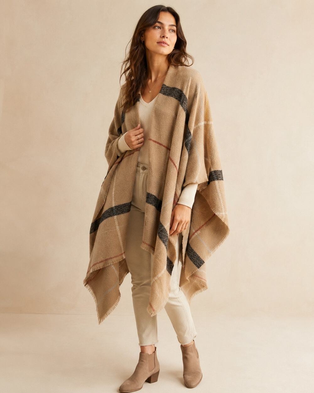 Old Navy Plaid Blanket Poncho Wrap One Size Fringe Boho Cape Equestrian Cozy